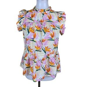 THML Tropical Bird Of Paradise Ruffle Sleeve Peplum Blouse Colorful Small